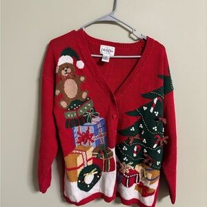 Women’s Size Small Ugly Christmas Sweater Cardigan Tree Bows Presents Bear